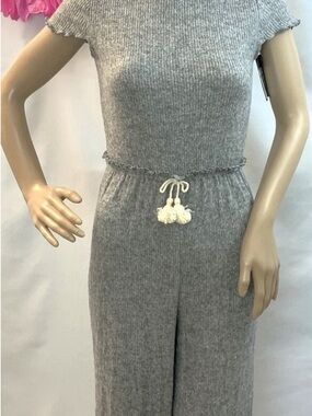 Gray Soft-ribbed Knit Girls Wide-Leg Jumpsuit with Drawstring